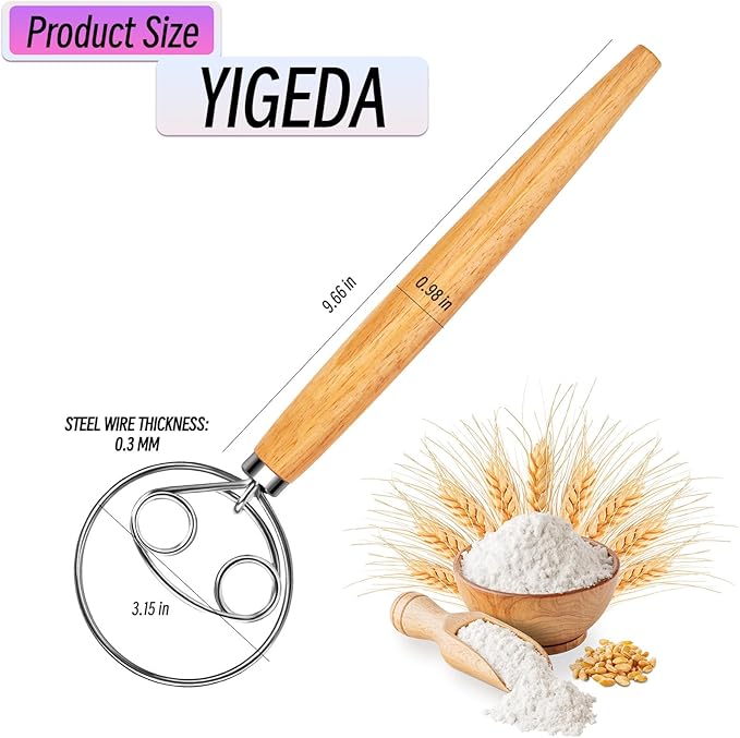 Danish Dough Whisk and Dough Hook - Stainless Steel Dutch Style Wooden Handle for Sourdough, Bread, Pastry Dough Mixing Tools