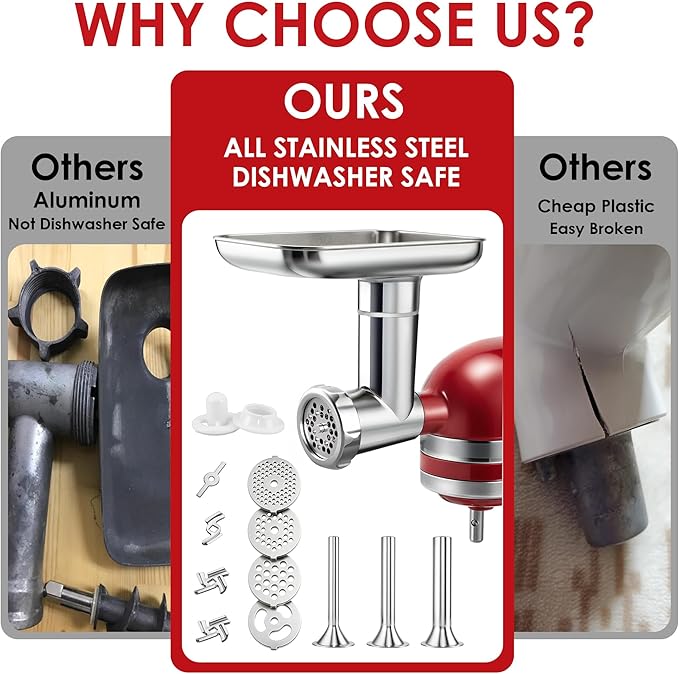 Stainless Steel Meat Grinder Attachments for KitchenAid, Sausage Stuffer, Compatible with KitchenAid Stand Mixer of All Models, Dishwasher Safe