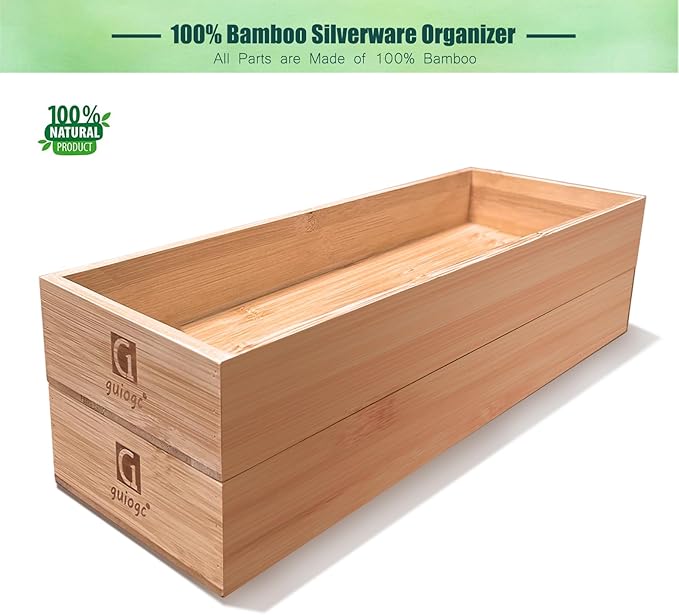 Silverware Drawer Organizer, Utensil Organizer, Bamboo Storage Box Wood Tray for Drawer Set of 2