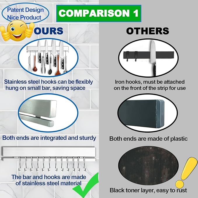 Strong Magnetic Knife Holder for Wall, 17 Inch No-Drill Knife Strip with 12 Hooks & Adhesive, Holds Kitchen Utensils & Tools - YIIYIIN