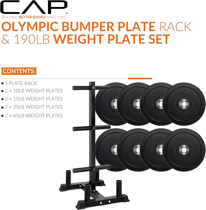 CAP Barbell 2-Inch Olympic Bumper Plate Weight Set with 6 Post Rack | 100-370 lbs | Multiple Options