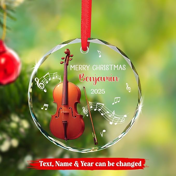 Cello Christmas Tree Glass Ornament, Personalized Text & Name Cello Musical Instrument Xmas Ornament Gifts for Musical Lover, Cellist Christmas Ornaments 2025, Custom Instrument Player Glass Keepsake
