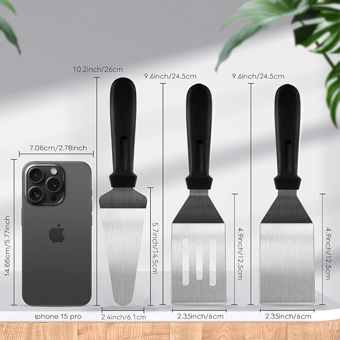 Metal Spatulas for kitchen Use, 3 PCS Professional Serving Spatula with Heat Resistant Handle, Stainless Steel Spatula Ideal for Pancakes, Eggs, Griddle Scraper, BBQ or Desserts