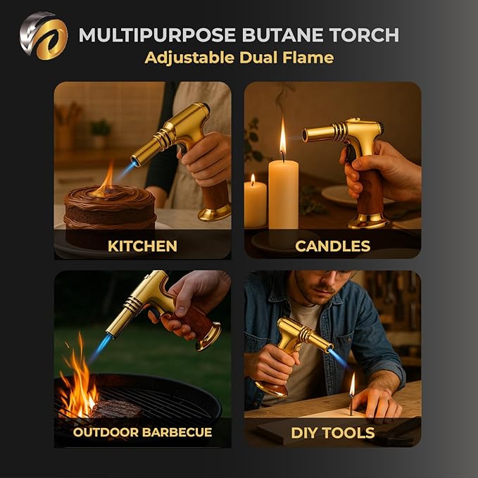 Dual Flame Butane Torch Gun – Refillable Handheld Mini Blow Torch for Cooking, Crème Brûlée, Welding, Soldering, Resin Art – Adjustable Flame & Ignition Lock–Limited Gold Brown by inZaynity