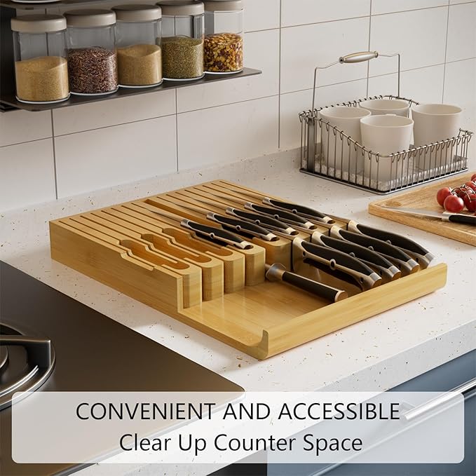 Domax Bamboo In-drawer Knife Block - Knife Drawer Organizer Insert Large Handle Steak Knife Holder, Kitchen Drawer Knife Organizer Fits for 16 knives and 1 Sharpening Steel (Not Included), Natural