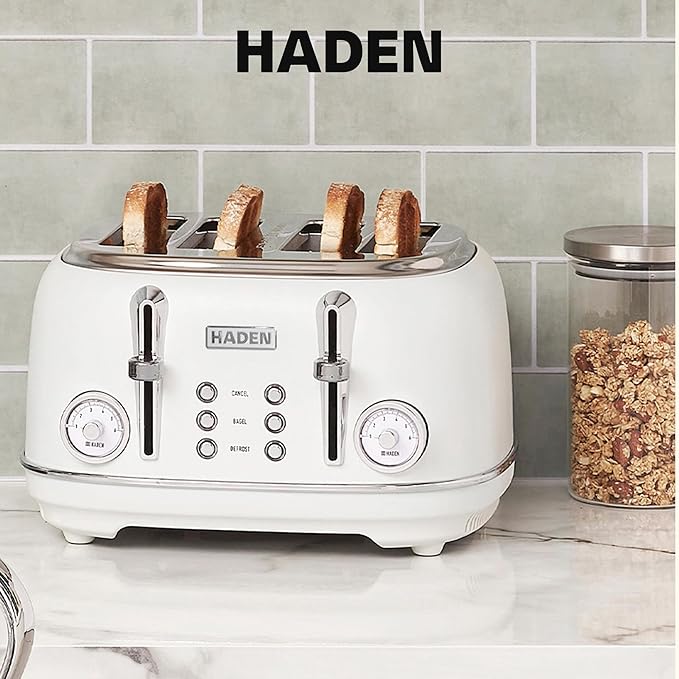 Haden Chelsea 4 Slice Wide Slot Toaster with Adjustable Browning Control, Ivory & Chrome