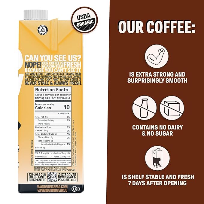 Wandering Bear Organic Caramel Cold Brew Coffee - Strong, Bold, Smooth, Unsweetened, Shelf-Stable, Ready to Drink, Gluten Free, & Vegan Iced Cold Brewed Coffee Drink - 32 fl oz, 3 pack