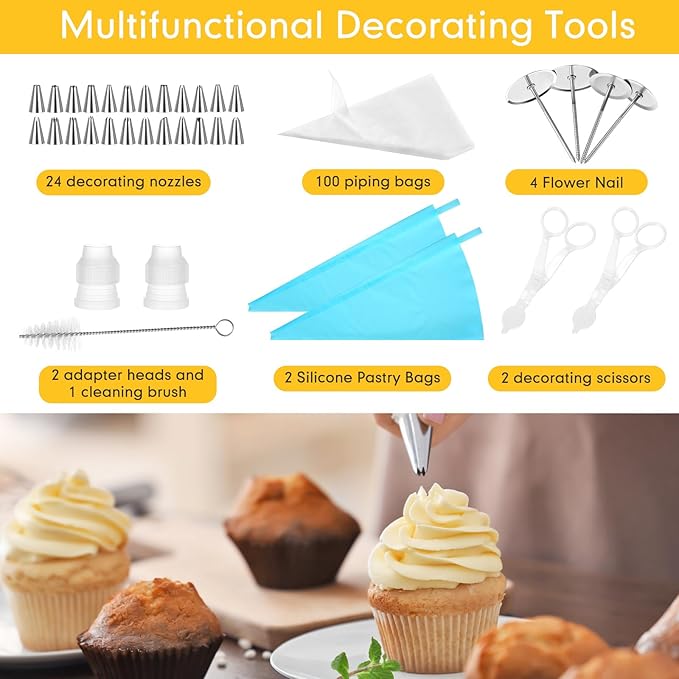 Nuogo 154 Pcs Christmas Aluminum Cake Decorating Tools Kit with 12 Inch Aluminum Cake Turntable, Cakes Decorting Gun with 6 Head, 34 Pcs Cakes Decorting Set, 11 Cream Spatula Set, 100 Cream Piping Bag