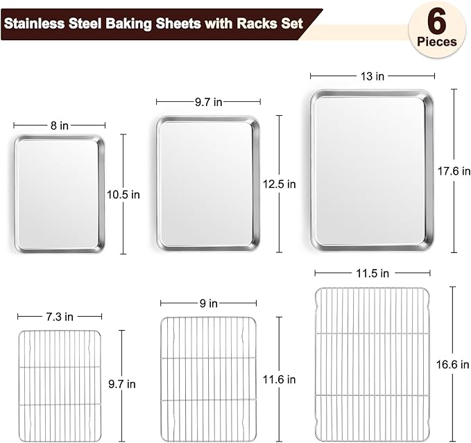 TeamFar Baking Sheet with Rack Set (3 Pans + 3 Racks), 17.6/12.5/10.5 Inch Stainless Steel Cookie Sheet Baking Pans Tray and Cooling Racks for Cooking Roasting, Non-Toxic & Heavy Duty, Dishwasher Safe