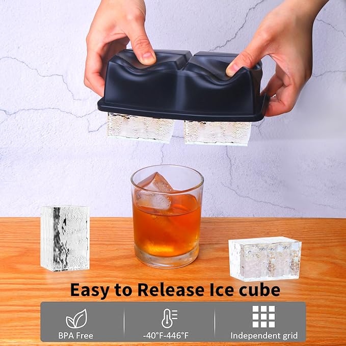Large Ice Cube Trays for Whiskey: BECOKIT Big Silicone Ice Cube Trays - 3 * 2Inch Square Ice Cubed Tray for Bourbon Whisky and Cocktail - 4Pack Giant Silicon Ice Cube Tray (Black 4 Tray)