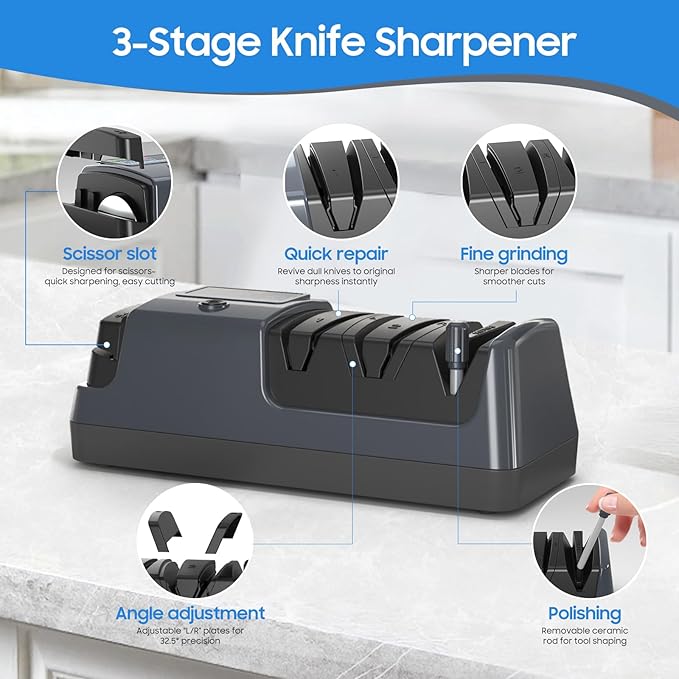 5-in-1 Electric Knife Sharpener for Kitchen Knives, with 100% Diamond Abrasives, 3 Adjustable Speeds, Quickly Sharpening for Straight/Serrated/Kitchen Knives, Scissors