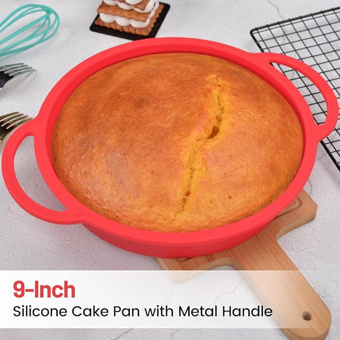 9 Inch Round Cake Pan, Metal Reinforced Frame Silicone Cake Mold for Baking with Handle Easy to Move BPA Free