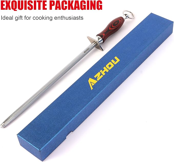 Azhou 12 Inch Fine Honing Rod, HRC 63±2 High Carbon Steel Knife Sharpener Rod with Wooden Handle, Professional Kitchen Knife Sharpener Kitchen Tools