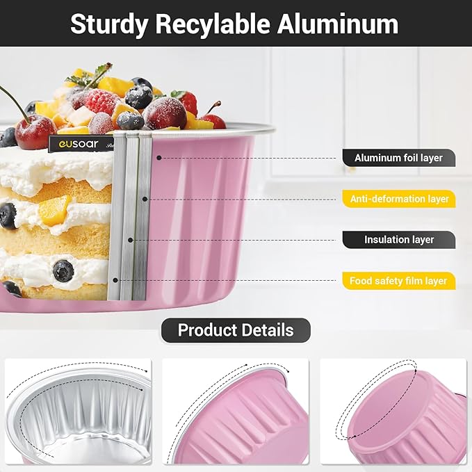 EUSOAR Foil Baking Cups, 50pcs 5oz 125ml Muffin Liners Cups with Lids, Disposable Aluminum Cupcake Ramekins Pans Baking Cup Holders Liners for Wedding Birthday Party