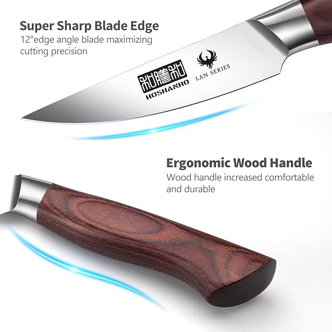 HOSHANHO 3.75 Inch Paring Knife, Ultra Sharp High Carbon Stainless Steel Small Kitchen Knife, Professional Janpanese Fruit Knife with Ergonomic Wood Handle