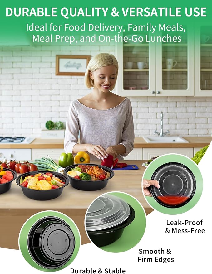 Meal Prep Containers with Lids - 50 Pack 32 oz Round Meal Bowls, Microwave, Freezer, Dishwasher Safe, BPA-Free To-Go Food Storage Containers