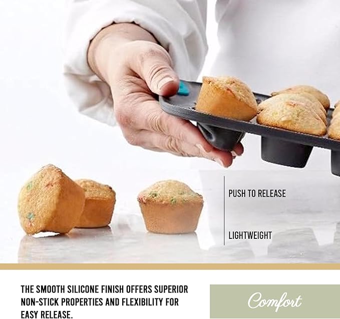Trudeau 24-Cup Silicone Muffin Pan – Hybrid Non-Stick Bakeware with Steel Frame, Flexible Silicone with Hard Lining to Hold Shape, BPA-Free, Dishwasher Safe, Heat Safe to 428°F, Grey/Mint