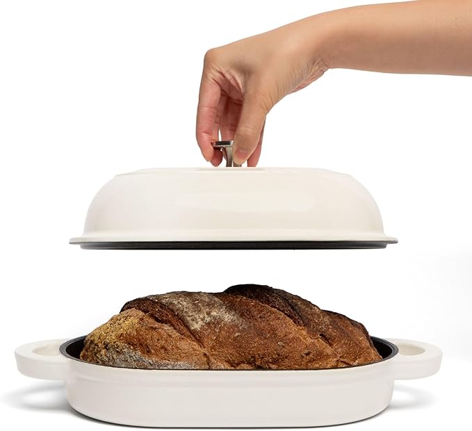 TOMO Cast Iron Oval Bread Oven, 10" x 6.5" - Rustic Dutch Oven Bread Cloche with Steam Circulating Lid for Perfect Sourdough