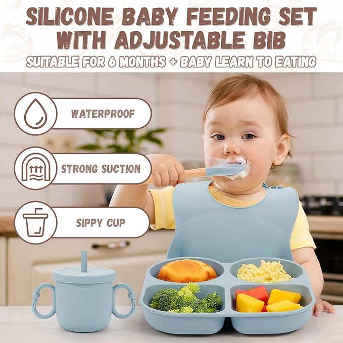 Silicone Baby Feeding Set, Baby Led Weaning Supplies, Baby Food Tableware Silicone Suction Plate, Bowl, Spoons, Fork, Waterproof Bib, Cup & Complementary Food Cake Mold, Baby Eating Utensils