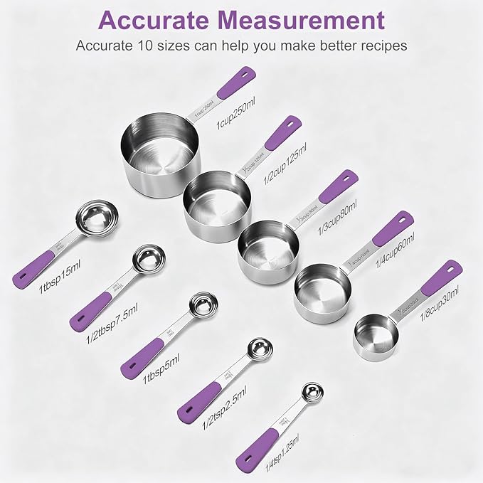 Measuring Cups and Spoons Set, Stainless Steel 10 Piece for Cooking and Baking (5 Cups + 5 Spoons, Purple Handle)