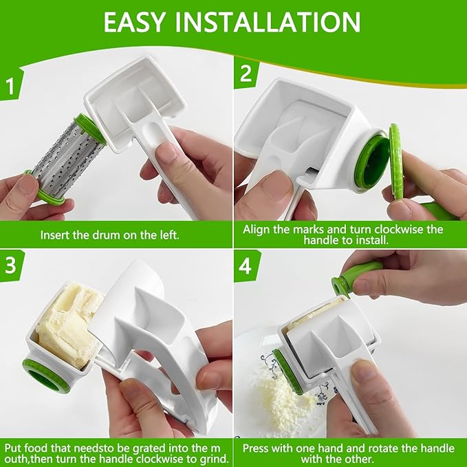 LHS Rotary Cheese Graters for Kitchen, Professional Manual Crank Handheld Cheese Grater with Stainless Steel Drum for Grating Hard Cheese, Chocolate, Nuts and More（Green）