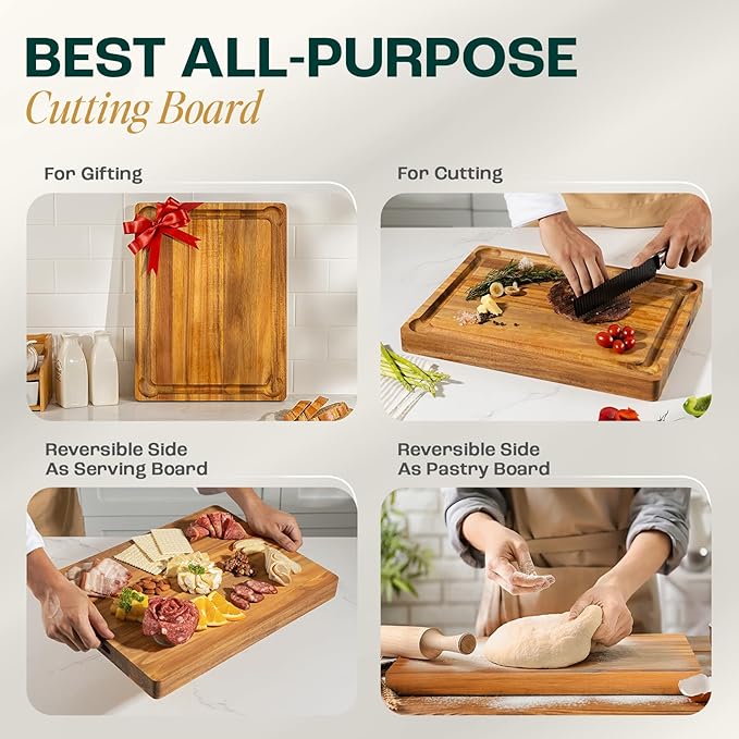 Yes4All Durable Acacia Cutting Boards for Kitchen, [17''Lx13''Wx1.5” Thick] Medium Edge Grain Cutting Board, Pre Oiled Wood Cutting Boards, Thick Chopping Board w/Juice Grooves and Easy Grip Handle