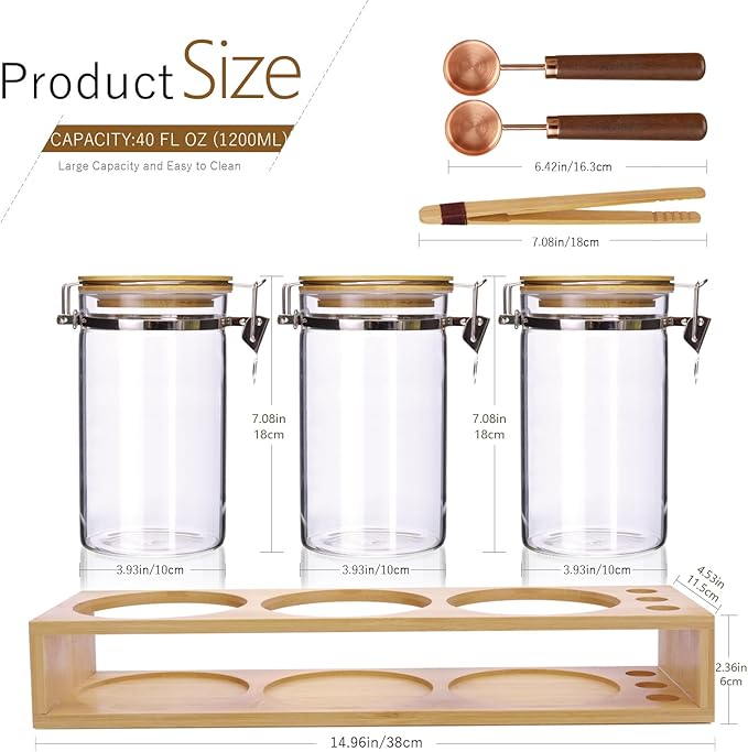 Glass Coffee Storage Containers with Bamboo Shelf,Ground Coffee Holder Jars,Airtight Glass Countertop Storage Jar Canisters with Spoon for Coffee,Loose Tea,40 Fluid-oz,Pack of 3