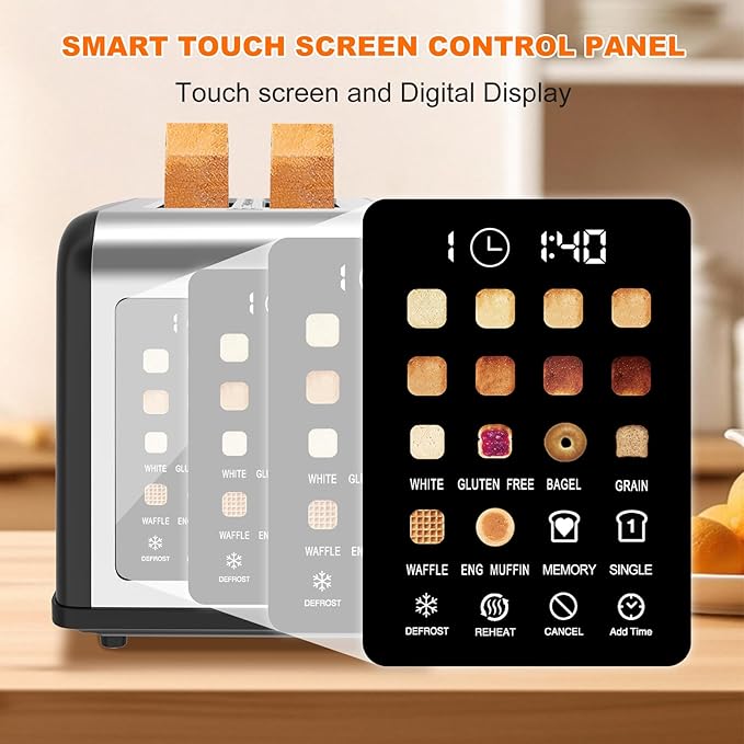 2 Slice Toaster Touch Screen, Stainless Steel Toasters Digital Timer 2 Slot Toasters, 8 Shade Settings 6 Bread Types for Bagel, Cancel, Defrost (Black)
