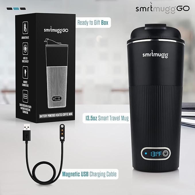 GO Heated Coffee Mug, Travel Mug, 13.5 OZ. Smart Mug, Battery Powered Heated Coffee Mug, Great for Coffee and Tea, Snap on Magnetic Charging Cord, New and Improved (Black)