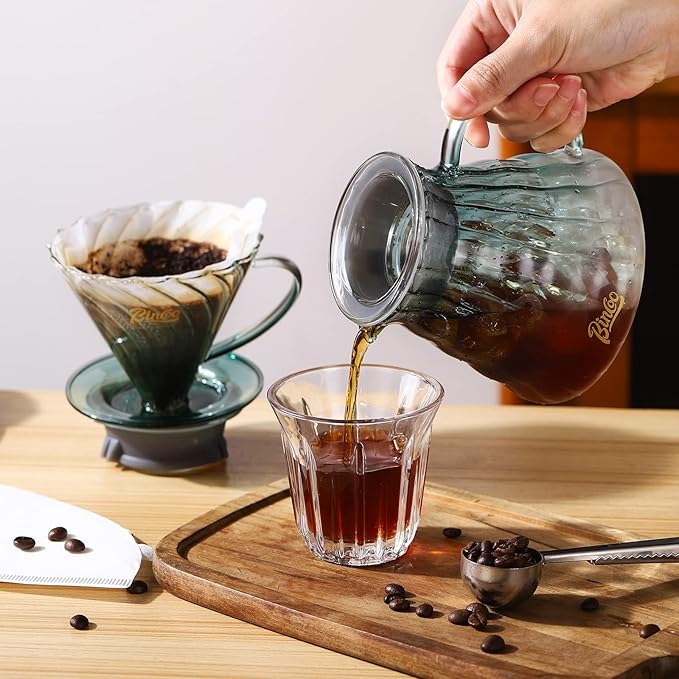 Bincoo Pour Over Coffee Maker Set with Dripper Size 02,600ml Glass Coffee Server Set,60 Angle TaperedGlass Coffee Dripper with Stand&Filter Paper for Home Office Gift (Green)