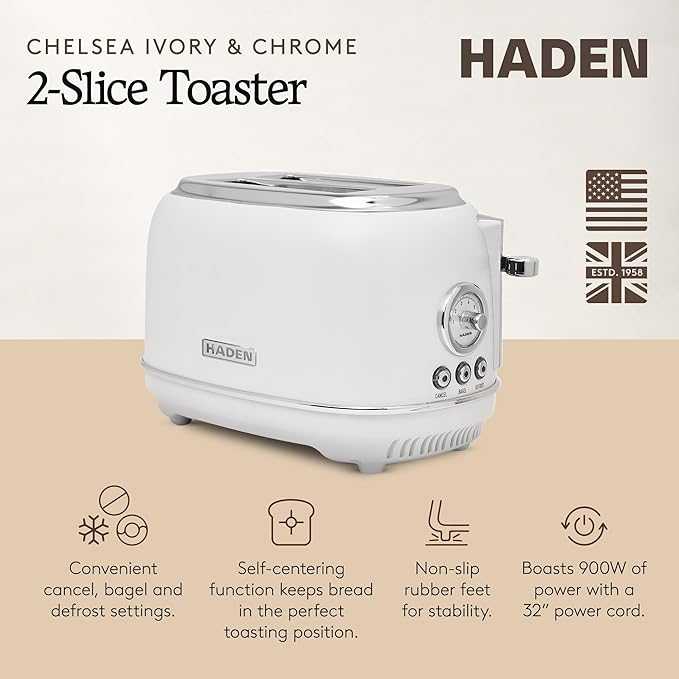 Haden Chelsea 2 Slice Wide Slot Toaster with Adjustable Browning Control, Ivory & Chrome