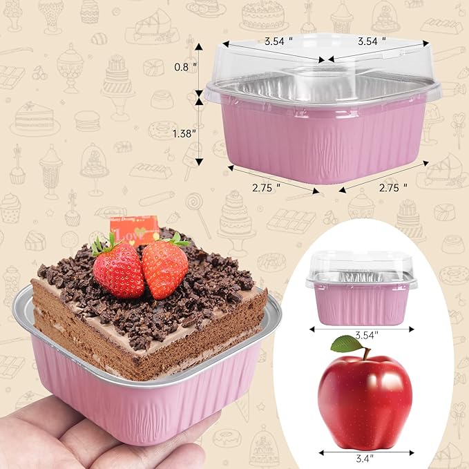 50 Pcs Mini Square Baking Cups with Lids,5oz Aluminum Foil Mini Cake Pans with Lids,Disposable Ramekins Cake Pans,150ml Dessert Cups Cupcake Pans for Wedding Birthday Party,Pink