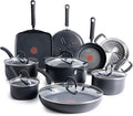 T-fal Ultimate Hard Anodized Nonstick Cookware Set 14 Piece, Oven Broiler Safe 400F, Lid Safe 350F, Kitchen Cooking Set w/Fry Pans, Saucepans, Griddle, Dutch Oven, Pots & Pans, Dishwasher Safe, Black