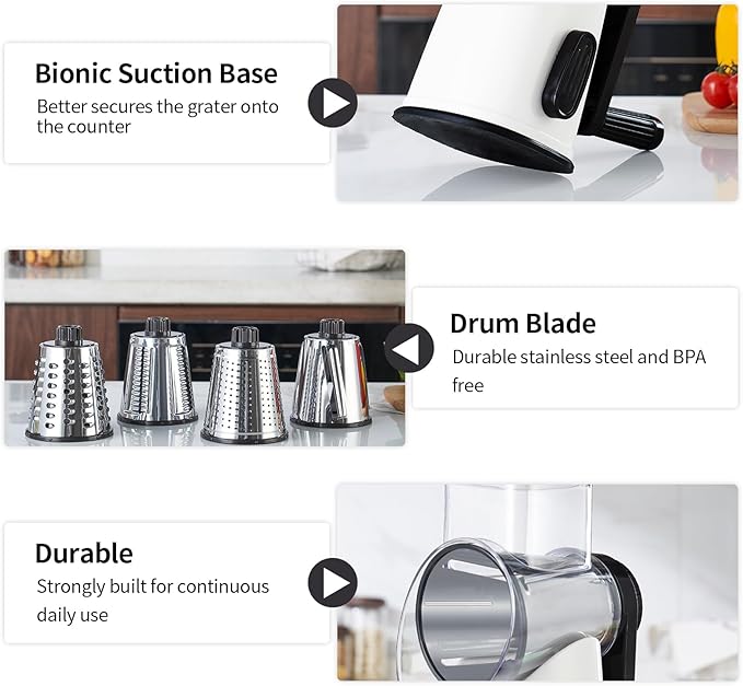 Rotary Cheese Graters with 4 Blades, Hand Crank Cheese Grater with Waffle Slicer, Red, Black and White Cheese Shredder with Suction Base, Easier for Shredding & Grating (White, 4 Graters)