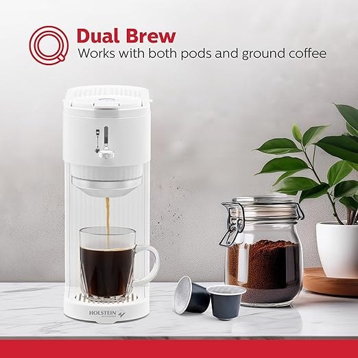 Holstein Housewares 2-in-1 Single Serve Coffee Maker, Dual Brew, Compatible with K-Cup Pods & Ground Coffee, Reusable Filter Included, Compact Drip Coffee Machine, 14oz Tank, Fits Most Cups - White