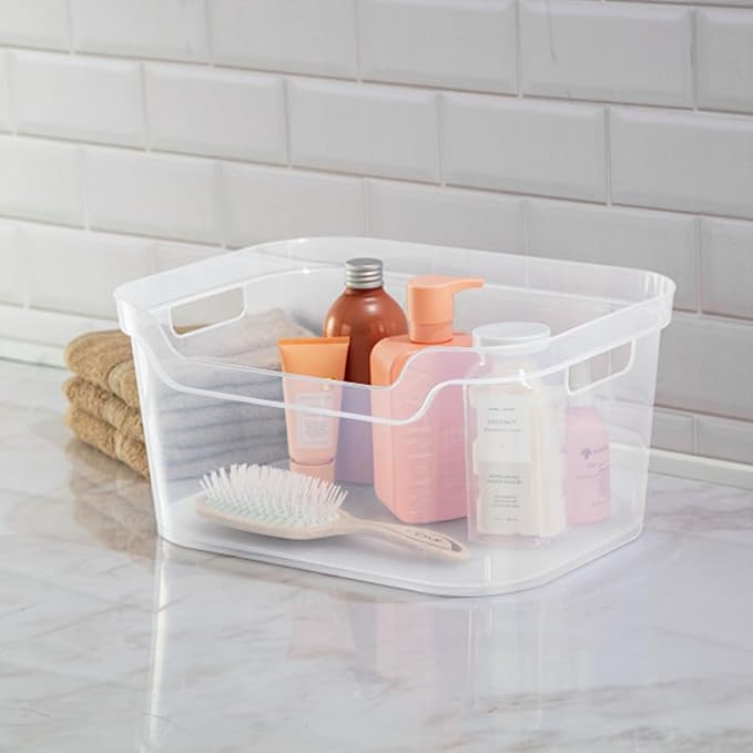Sterilite 7 x 11 x 14.25 Inch Polished Open Scoop Front Storage Bin with Comfortable Carry Through Handles for Household Organization, Clear (24 Pack)