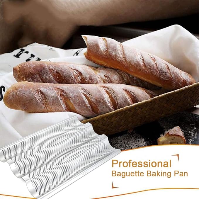 2 Pack Stainless Steel French Baguette Bread Pan, Perforated Loaf Pans for Baking 15"x10", 3 Waves Toaster Oven Baking Tray