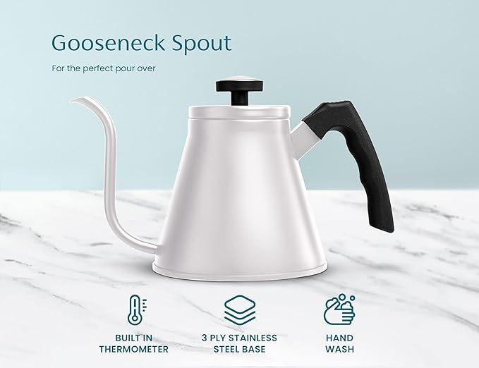Kook Gooseneck Kettle, Kettle Stovetop, with Thermometer, Tea Pot, for Pour Over Coffee & Tea, Temperature Gauge, Electric, Compatible for Gas Stovetop, 3 Ply Stainless Steel Base, 27 oz, (White)