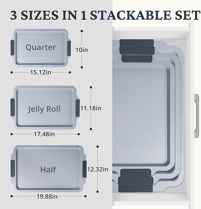 BRONYPRO Non Stick Ceramic Baking Sheet Pan Set of 3, Natural Non Toxic Cookie Sheets for Baking - PFOA, PTFE Free, Aluminized Steel Oven Trays for Cooking with Silicone Handles, Blue Gray