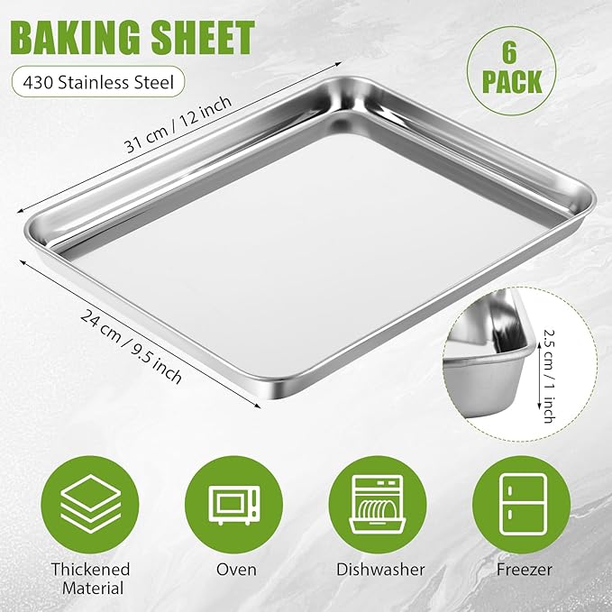 Mimorou 6 Pcs Baking Sheet Set Stainless Steel Cookie Sheet Cookie Baking Pan Bakeware Oven Tray Dishwasher Safe Commercial Grade Pans(12x9.5x1 Inch)