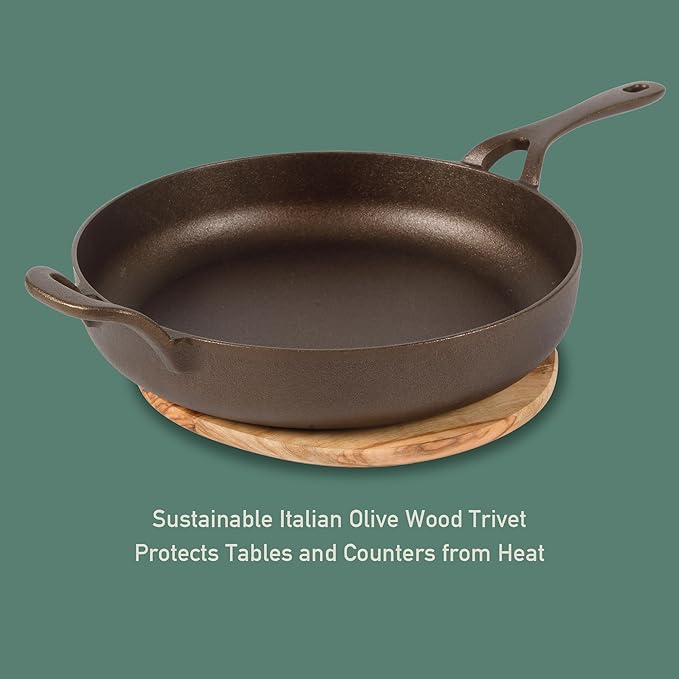 Bloomhouse Natural Bronze Finish 10-Inch Cast Iron Skillet with Long Handle, Helper Handle & Olive Wood Trivet – Olive Oil Treated Fry Pan, Oven & Stovetop Safe