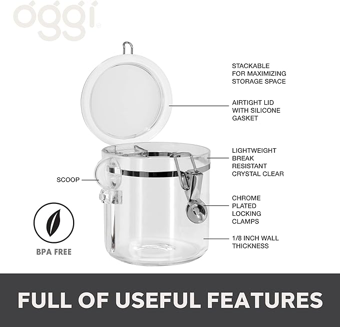Oggi 4pc Clear Canister Set with Clamp Lids & Spoons - Airtight Food Storage Containers, Ideal for Kitchen & Pantry Storage of Bulk, Dry Food Including Flour, Sugar, Coffee, Rice, Tea, Spices & Herbs