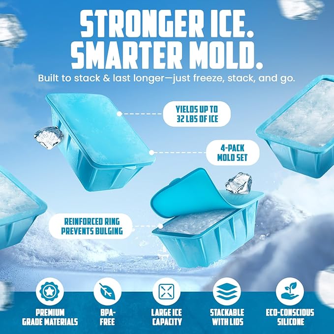 Extra Large Ice Block Mold 4-Pack (32LB),Reusable Silicone Ice Bath Accessories, Large Ice Mold for Freezer, Cold Plunge Ice Blocks,Ice Block Mold for Ice Bath, Ice Bath Ice Mold for Chiller & Therapy