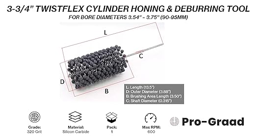 TwistFlex 3-3/4” 95mm 320 Grit Silicon Carbide Cylinder Hone 90-95mm, Bores 3.54”-3.75”, KTM525 2003-05, DR-Z 400SM 2005-09, TRX 450S/ES 4X4 Foreman 98-2004, YFZ450 2004-09, Sportsman 500 4X4 1996-05