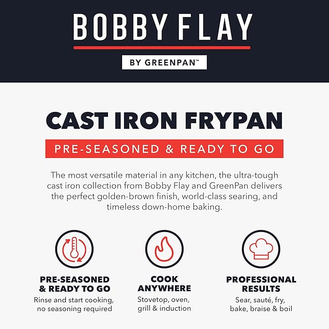 GreenPan x Bobby Flay 2 Piece Set (Includes 8”, 10”) Cast Iron Skillet, Pre-Seasoned PFAS-Free Frying Pan, Pour Spouts, Induction Compatible, Oven, Grill, Indoor/Outdoor, Durable, Black