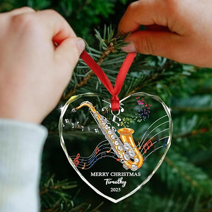 Unique Alto Saxophone Instrument Glass Christmas Ornament, Customized Year Text Name Alto Saxophone Player Ornaments Gift for Women Men Friends Besties, Personalized Musical Instrument Glass Ornament