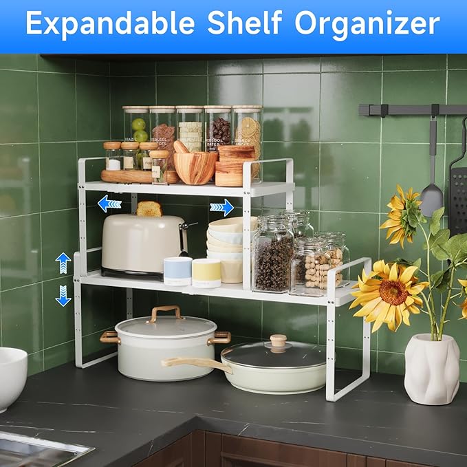 Expandable Cabinet Shelf Organizer, Stackable Kitchen Pantry Counter Storage, Adjustable Closet Cupboard Stand Rack Risers Spice Organization 80LBS Heavy Duty White Large 2 Pack