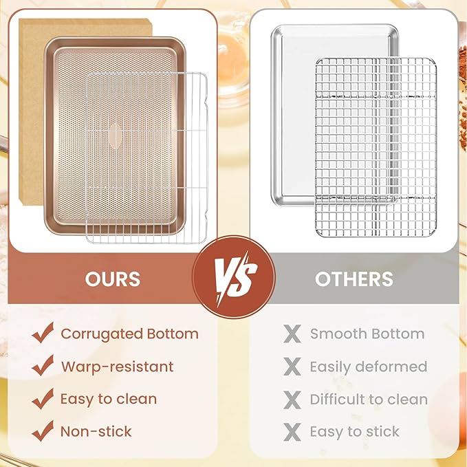 2 Pack 17'' Baking Sheet Set with Rack and Parchment Paper (2 Pans + 2 Racks + 50 Papers), Non-Stick Cookie Sheet with Food Cooling Rack, Heavy Duty & Warp Resistant, Large Baking Pan