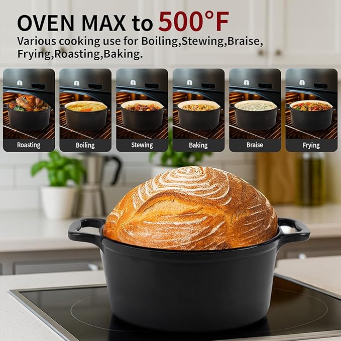Enamel Cast Iron Dutch Oven with Lid, Round Casserole Pot for Bread Baking, Braising, Roasting, and Stews, Heavy-Duty, Oven Safe, Induction Compatible (4.7QT,Grey)