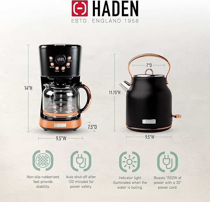HADEN Heritage 1.7 Liter Stainless Steel Electric Kettle Bundled with 12 Cup Drip Coffee Maker, Coffee Machine with Auto Shut-Off, Black & Copper